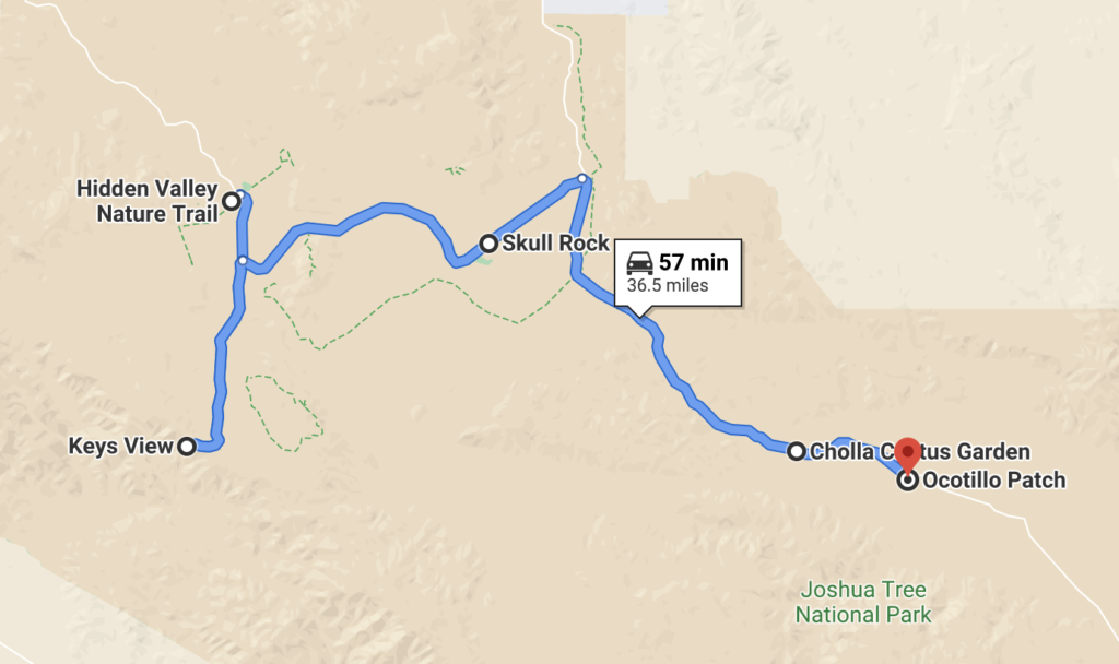 Map of Joshua Tree with pitstops for Day 1