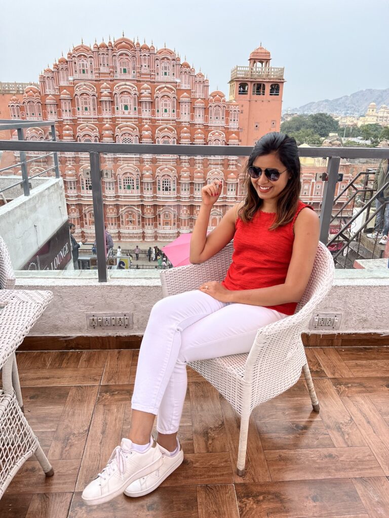 Sitting in a cafe opposite to the Hawa Mahal in Jaipur, India