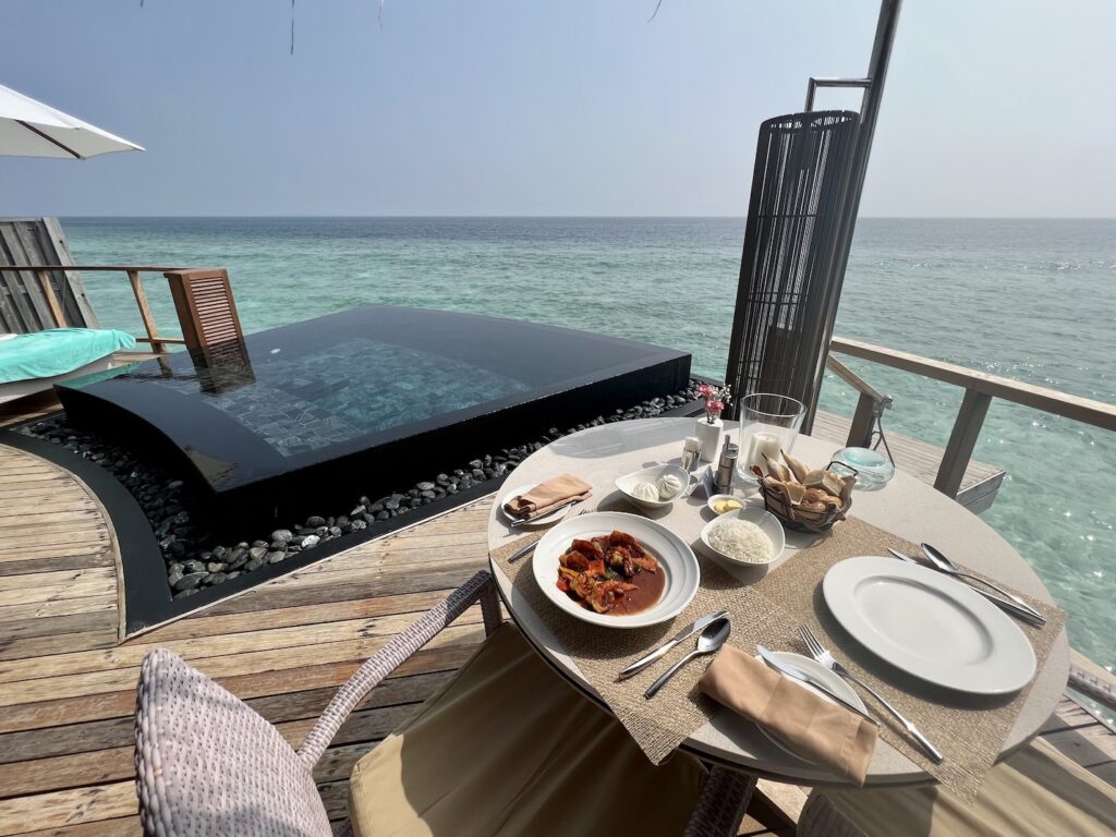 Lunch spread next to the plunge pool, everything to know before traveling to the Maldives