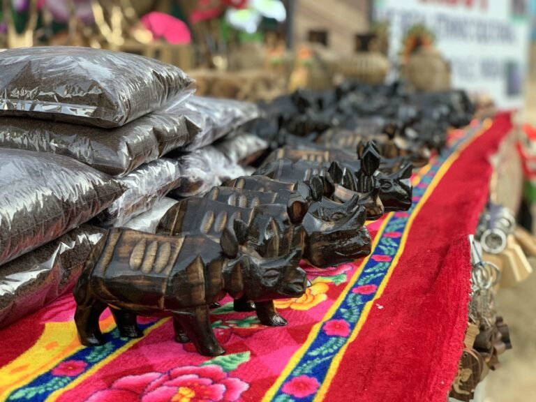 Wooden carvings of one-horned rhinos for sale at Kaziranga