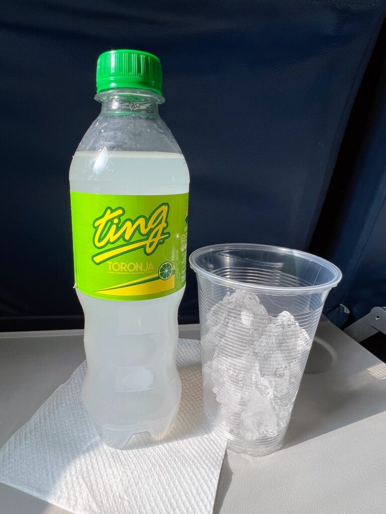Drink served on Tag Airline flight from Guatemala City to Flores, Guatemala
