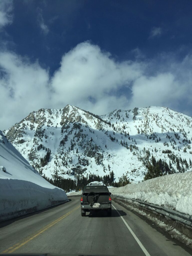 Snow on road from Lake Tahoe to Yosemite